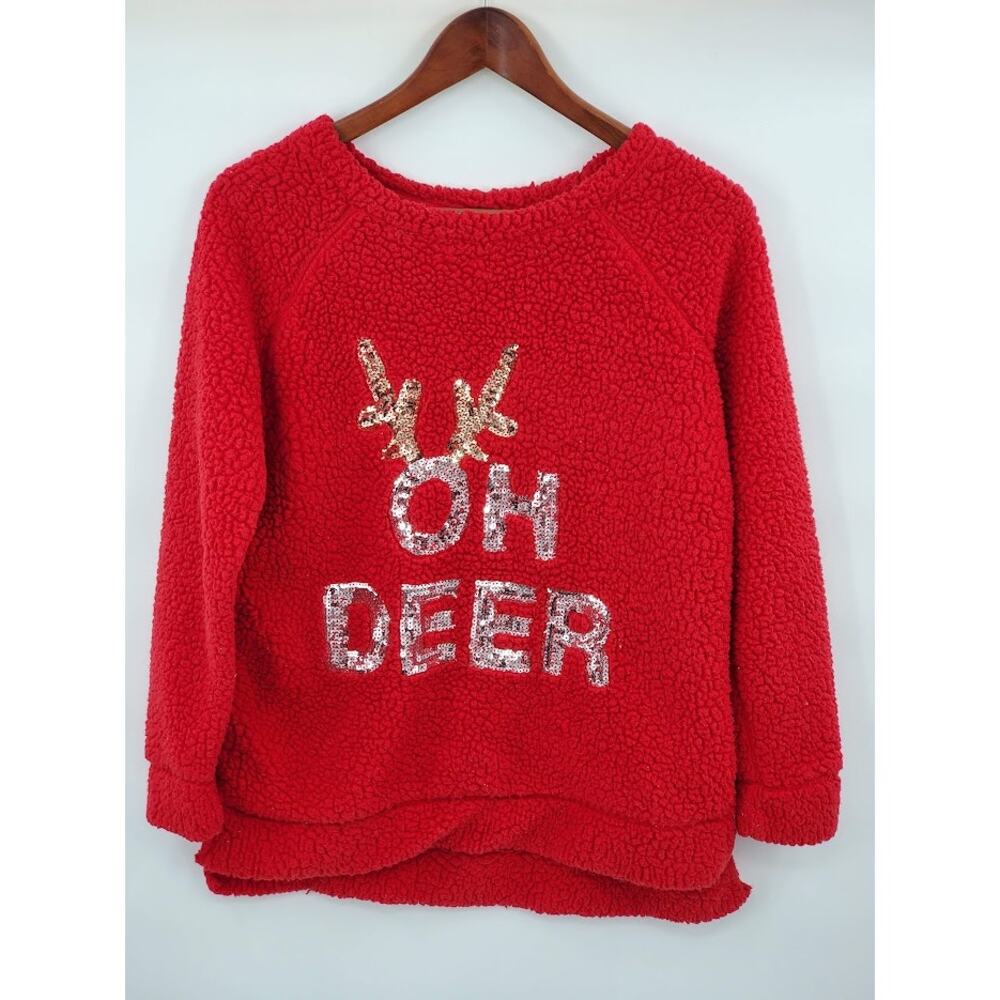 Sequin Reindeer 'Oh Deer' Red Christmas Fleece Top Sweater Small